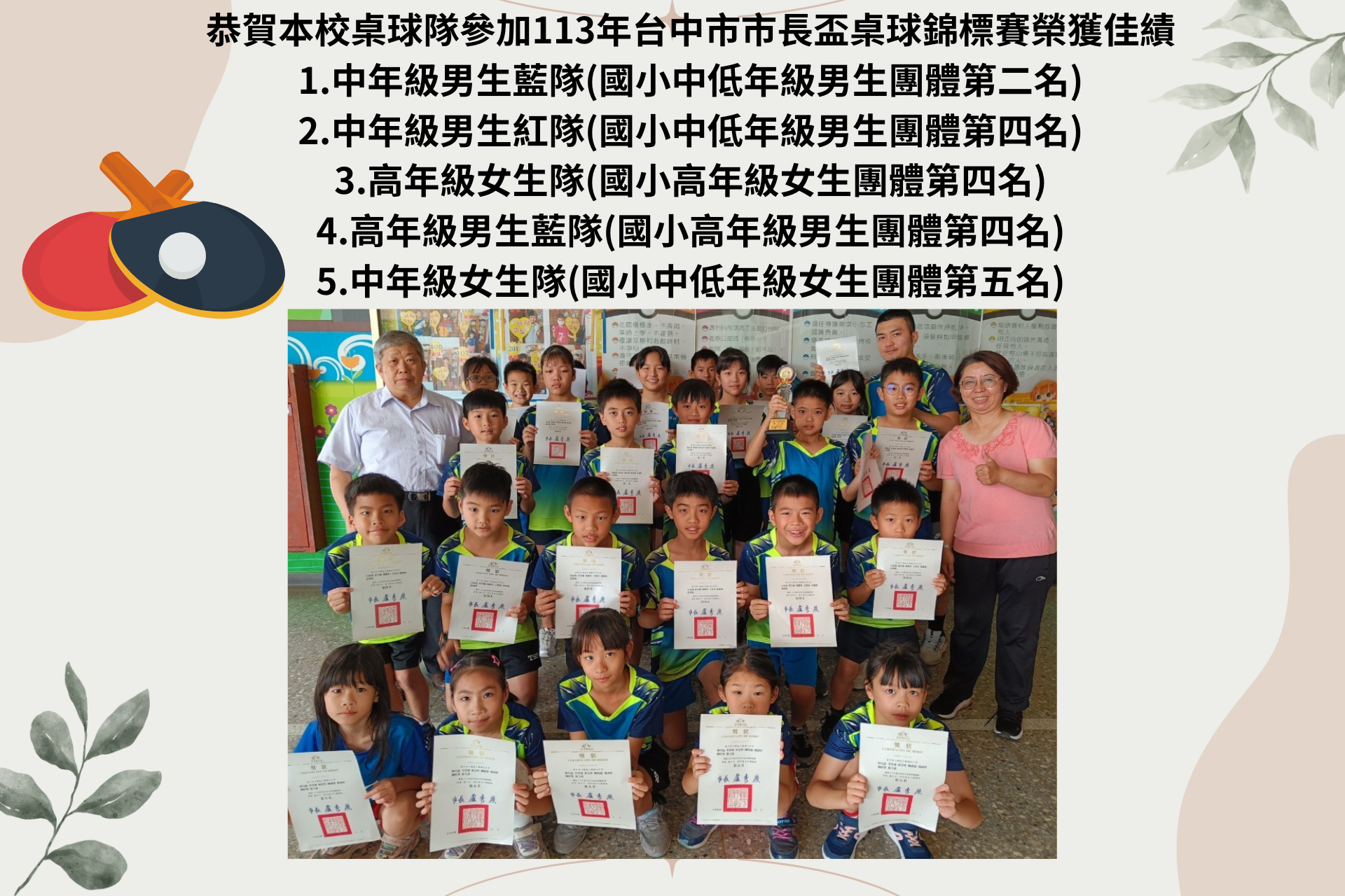 本校桌球隊參加臺中市市長盃桌球錦標賽